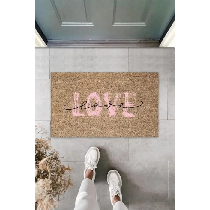 Pembe Kapı Önü Paspası Love Desen  K-3297