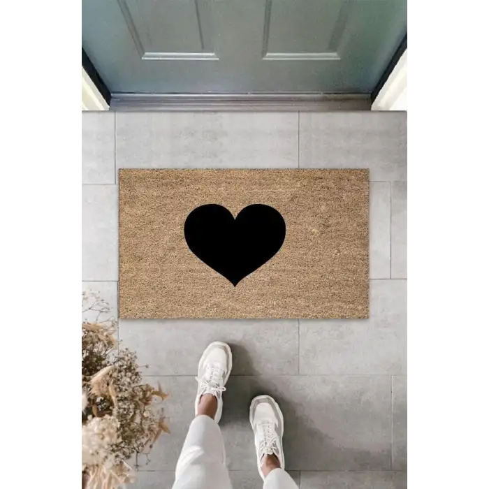 Siyah Kapı Önü Paspası İçi Dolu Kalp Desen  K-3304