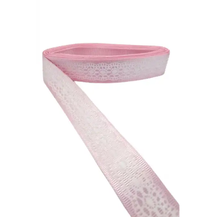 Tafta Dantel Görünümlü Kurdele Pembe 25 mm 2 Metre
