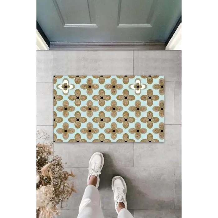 Turkuaz Kapı Önü Paspası Çiçek Desen  K-3259