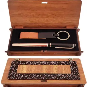 Ahşap Kutulu Bakır Roller Kalem Ve Taba Anahtarlık Set