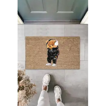 Bej Kapı Önü Paspası Kulaklıklı Ayıcık Desen  K-3347