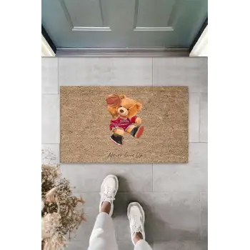 Bej Kapı Önü Paspası Never Give Up Ayıcık Desen  K-3315