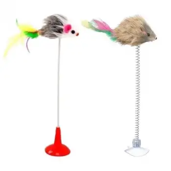 New 2li Vantuzlu Fareli Tüylü Hareketli Çanlı ve Esneyen Eğlenceli Peluş Kedi Oyuncağı