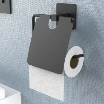 New Kendiliğinden Yapışkanlı Siyah Paslanmaz Metal Kapaklı Tuvalet Kağıtlığı Aparatı