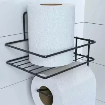 New Kendiliğinden Yapışkanlı Tuvalet Kağıdı Tutacağı ve Yedek Raf - Siyah Modern Metal Tasarım