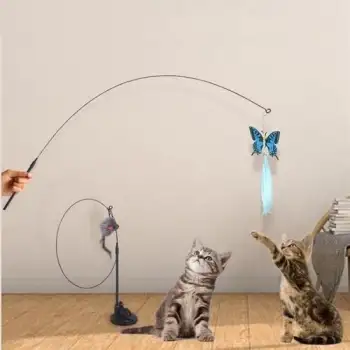 New Vantuzlu Tüylü Zilli Olta Kedi Oyuncağı 2 Oltalı