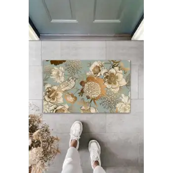 Dekoratif Dijital Baskı Turkuaz-Gold Kuş Dış Mekan Paspas K-2100