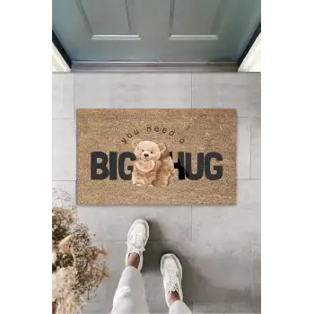 Dekoratif Dijital Big Hug Ayıcık Bej Kapı Paspası Dış Mekan Paspas K-3190