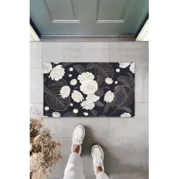 Dekoratif Dijital Çiçekler Arasında Tek Kuş Siyah Kapı Paspası Dış Mekan Paspas K-3109