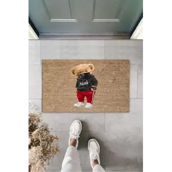 Dekoratif Dijital Maskeli Ayıcık Bej Kapı Paspası Dış Mekan Paspas K-3179