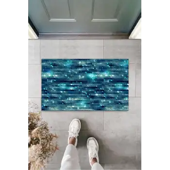 Dekoratif Dijital Pullu Mavi Kapı Paspası Dış Mekan Paspas K-3165