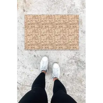 Dijital Baskı Bej Kedili Desen Kapı Önü Paspası K-1024