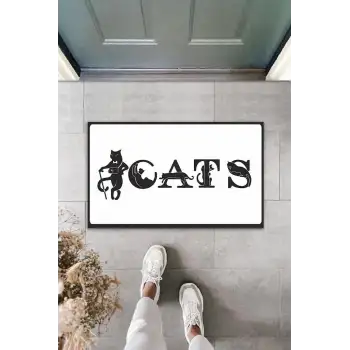 Dijital Baskı Beyaz Kedilerle Bezenmiş Cats Yazılı Dekoratif Kapı Paspası K-2028