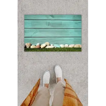 Dijital Baskı Dekoratif Ahşap Duvar Mavi Kapı Önü Paspası K-1268