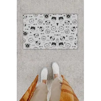 Dijital Baskı Dekoratif Çoklu Kedi Bej Kapı Önü Paspası K-1208