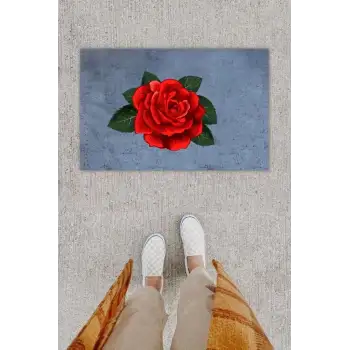 Dijital Baskı Dekoratif Gül Antrasit Kapı Önü Paspası K-1295