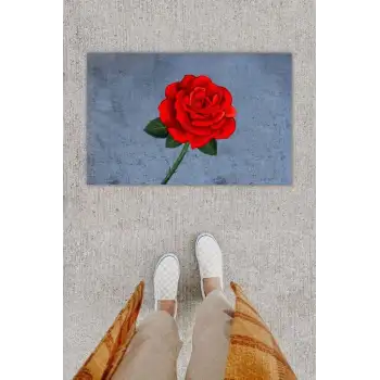 Dijital Baskı Dekoratif Gül Kırmızı Kapı Önü Paspası K-1294