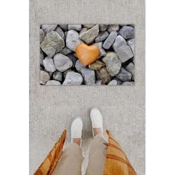 Dijital Baskı Dekoratif Kalp Gri Kapı Önü Paspası K-1250