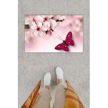 Dijital Baskı Dekoratif Kelebek Pembe Kapı Önü Paspası K-1232