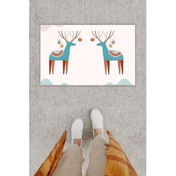 Dijital Baskı Dekoratif li Geyik Bej Kapı Önü Paspası K-1273