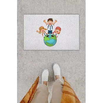 Dijital Baskı Dekoratif Mutlu Çocuklar Beyaz Kapı Önü Paspası K-1285