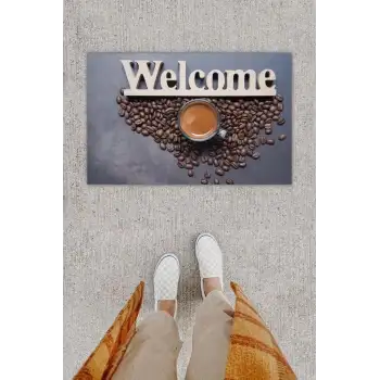 Dijital Baskı Dekoratif Welcome Koyu Gri Kapı Önü Paspası K-1251