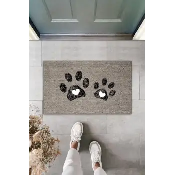 Dijital Baskı Gri Çift Kalpli Patili Dekoratif Kapı Paspası K-2031