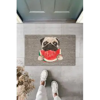 Dijital Baskı Gri Dilim Karpuz Yiyen Köpek Dekoratif Kapı Paspası K-2033