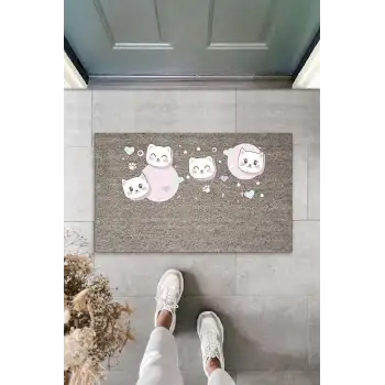 Dijital Baskı Gri Kalpli Pembeli Uykucu Kediler Dekoratif Kapı Paspası K-2068