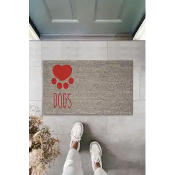 Dijital Baskı Gri Kırmızı Kalpli Dogs Dekoratif Kapı Paspası K-2073