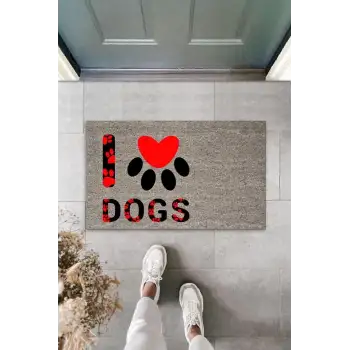 Dijital Baskı Gri Kırmızı Kalpli Patili I Love Dogs Dekoratif Kapı Paspası K-2076