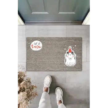 Dijital Baskı Gri Let It Snow Kukuletalı Kedi Dekoratif Kapı Paspası K-2058