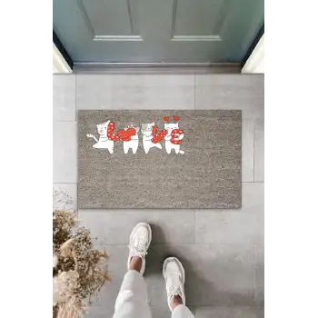 Dijital Baskı Gri Love Harflerini Tutan Beyaz Kediler Dekoratif Kapı Paspası K-2067