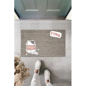 Dijital Baskı Gri Meowy Yazılı Arkasını Dönmüş Kazaklı Kedi Dekoratif Kapı Paspası K-2061