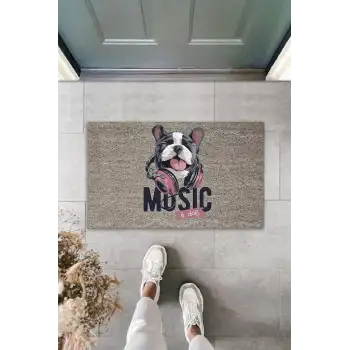 Dijital Baskı Gri Music Yazılı Kulaklıklı Köpek Dekoratif Kapı Paspası K-2043