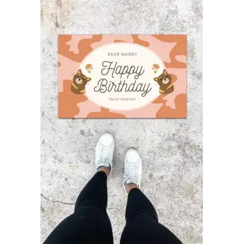 Dijital Baskı Gül Kurusu Kedili Desen Kapı Önü Paspası K-1027