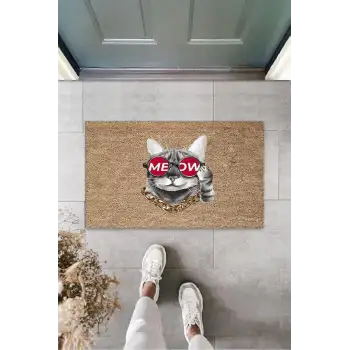 Dijital Baskı Kahverengi Gözlüklü Kedi Kapı Paspası K-3158