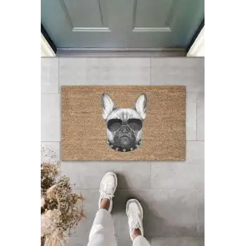 Dijital Baskı Kahverengi Güneş Gözlüklü Tasmalı Ciddi Köpek Dekoratif Kapı Paspası K-2017