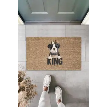 Dijital Baskı Kahverengi King Yazılı Taçlı Köpek Dekoratif Kapı Paspası K-2052