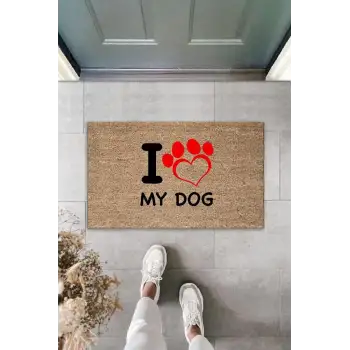 Dijital Baskı Kahverengi Kırmızı Kalpli I Love My Dog Dekoratif Kapı Paspası K-2016