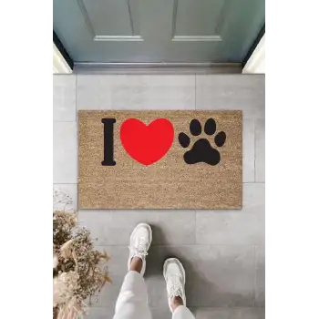 Dijital Baskı Kahverengi Kırmızı Kalpli I Love Pati Dekoratif Kapı Paspası K-2074