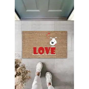 Dijital Baskı Kahverengi Kırmızı Love Yazılı Beyaz Köpek Dekoratif Kapı Paspası K-2013