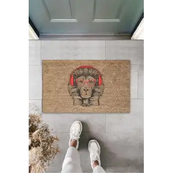 Dijital Baskı Kahverengi Kulaklıklı Aslan Paspas K-3155