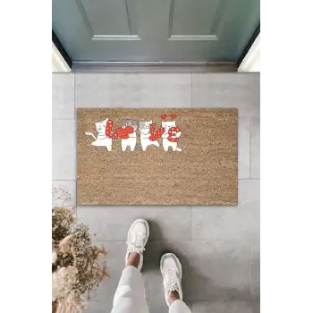 Dijital Baskı Kahverengi Love Harflerini Tutan Beyaz Kediler Dekoratif Kapı Paspası K-2066