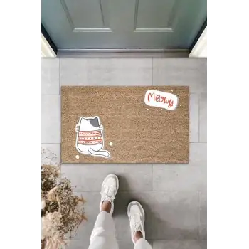 Dijital Baskı Kahverengi Meowy Yazılı Arkasını Dönmüş Kazaklı Kedi Kapı Paspası K-2060