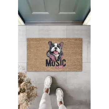 Dijital Baskı Kahverengi Music Yazılı Kulaklıklı Köpek Dekoratif Kapı Paspası K-2042