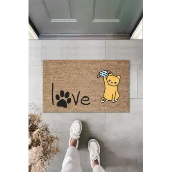 Dijital Baskı Kahverengi Patili Love Yazılı Maskeli Kedi Dekoratif Kapı Paspası K-2010