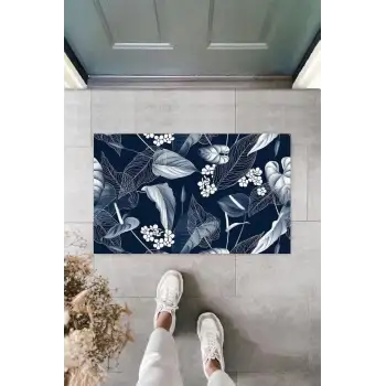 Dijital Baskı Lacivert Yaprak Paspas K-3098