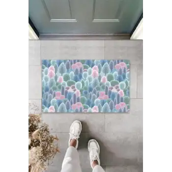 Dijital Baskı Pembe-Mavi Küçük Ağaçlar Paspas K-3094